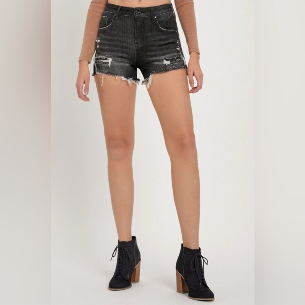 Risen High Rise Distressed Black Denim Shorts